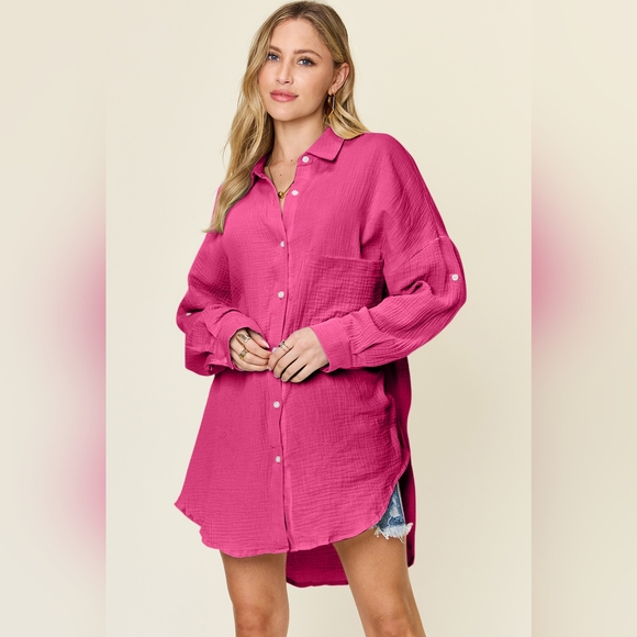 Double Take Full Size Pocketed Texture Button Up Shirt - Picture 2 of 5